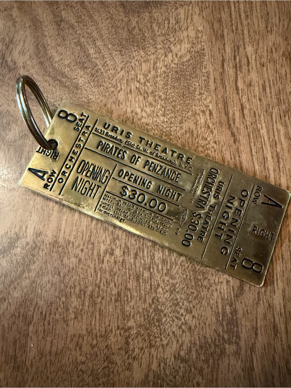Vintage Brass Theater Ticket Keychain - Gold Accent